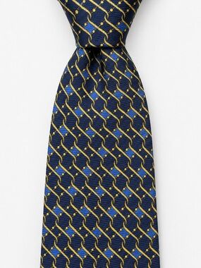 Gianni Versace Navy Gold Medusa Silk Tie Geometric Chain Pattern Italy Necktie